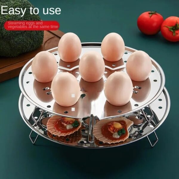 Round Stainless Steel Steamer with Water Separation Design for Perfectly Steamed Foods, Includes Detachable Egg Steaming Rack