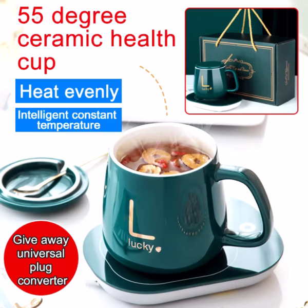 220V Electric Heating Coaster – 55°C Coffee, Milk, Tea Warmer Pad with USB Thermostatic Ceramic Cup for Office and Home Use